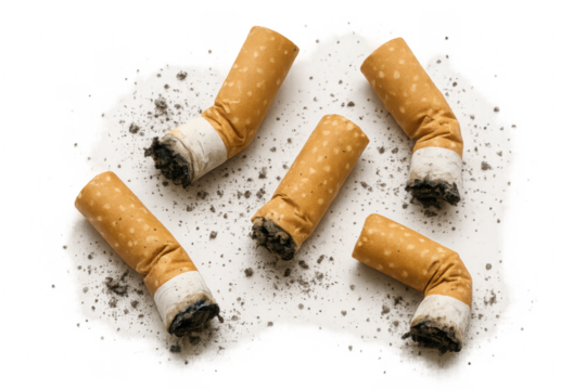 Cigarette butts with ash on transparent background forming a cloud shape - Powered by Adobe
