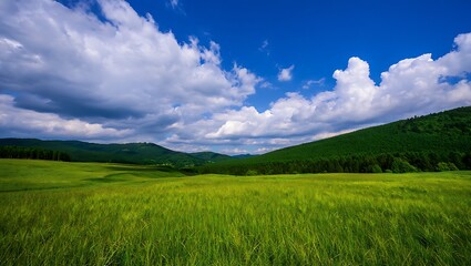 Fototapeta premium Vast green meadow under a dramatic blue sky with puffy white clouds