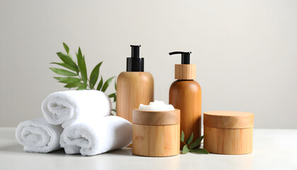 Natural Skincare & Spa Essentials: Bamboo Bottles, Cream, and Towels