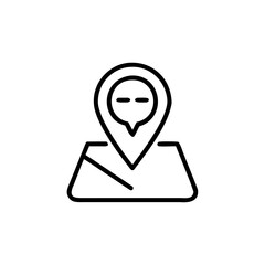 Outline map pin badge with speech bubble horizontal lines location icon