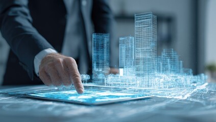 Businessman interacts with digital city model on tablet