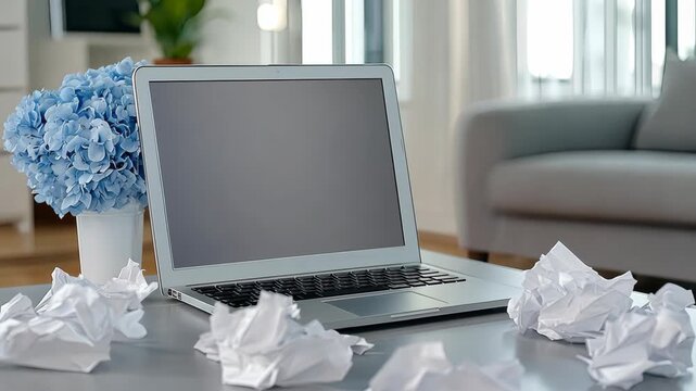 A workspace presents an array of crumpled papers scattered around a laptop, highlighting the struggle of generating creative ideas