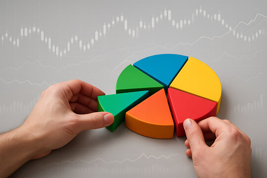 Market share and data analysis with colorful pie chart, hands arranging segments, financial statistics and business strategy