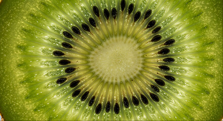 Close-up view of a sliced kiwi showing detailed texture and pattern of seeds and flesh