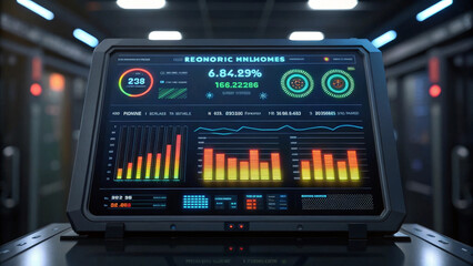 Futuristic dashboard display with economic stimulus plan data, holographic interface, glowing charts, and digital analytics in modern server room environment