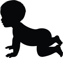 Crawling baby silhouette vector illustration, infant learning movement, toddler on knees pose, black isolated child shape, early childhood development posture
