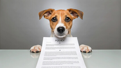 Dog insurance policy document paw table paper pet animal humor cute brown white indoor looking front reflection funny protection contract agreement legal business office responsibility care safety