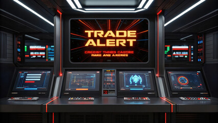 Futuristic trade alert system advanced control panel digital interface glowing screens sci fi technology modern command center high tech environment cyber security innovation alert notification