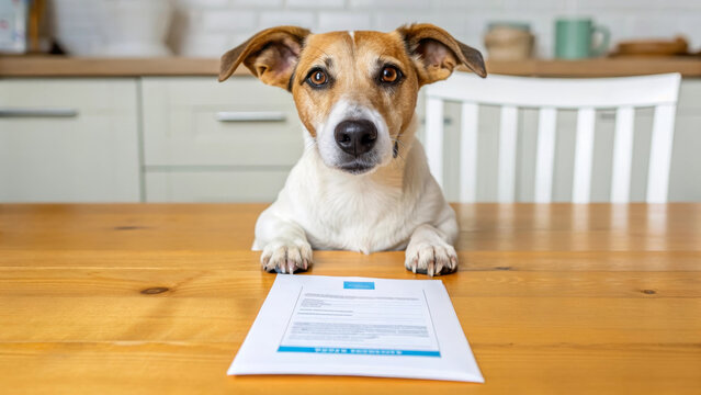 Dog document table kitchen health insurance renewal letter pet home. curious dog sits wooden table modern kitchen with health insurance policy renewal letter creating humorous and relatable scene