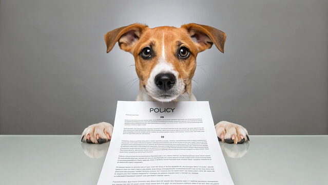 Dog insurance policy document paw table paper pet animal humor cute brown white indoor looking front reflection funny protection contract agreement legal business office responsibility care safety