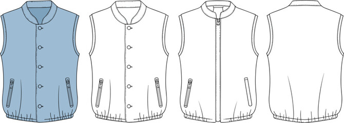 Sleeveless bomber vest flat sketch, button and zipper front, elastic hem, front back side view, CAD fashion vector illustration