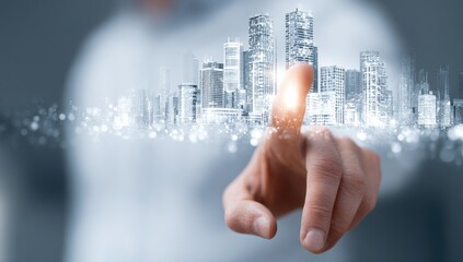 A hand touches a digital cityscape