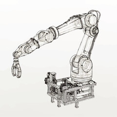 Detailed blueprint of a robotic arm, showcasing its articulated joints and gripper mechanism.