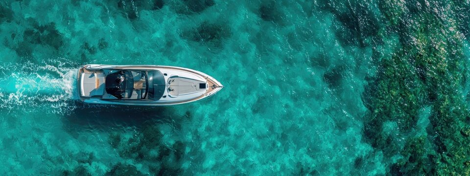 Aerial view of a speedboat on turquoise water