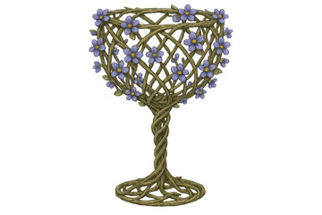 Intertwining branches forming elegant goblet silhouette, embellished with soft purple blossoms against translucent backdrop
