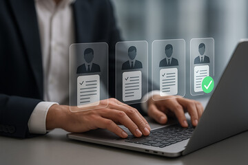 Recruitment and candidate selection process with digital profiles, hands typing on laptop, business hiring and hr management