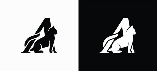Vector design of a cat logo combined with the letter A, creative illustration of a cat silhouette