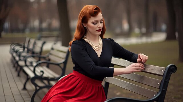 Redhead Woman in Retro Dress Sitting on Park Bench
