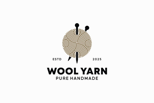 Knitting logo vector design with creative illustration of wool yarn ball spool and knitting needles - Powered by Adobe