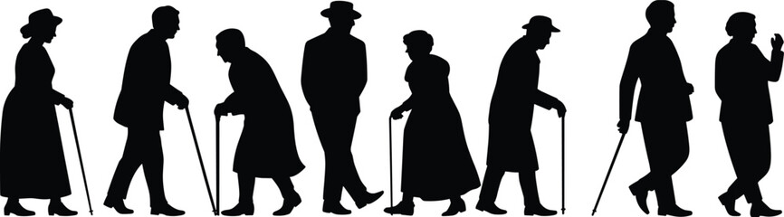 Silhouette of elderly people walking with canes, senior citizens, aging lifestyle, mobility aid, black vector illustration, old men and women, healthcare support