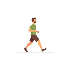 Happy man walking briskly enjoying morning walk health and fitness vector illustration isolated on white background ideal for lifestyle health and wellness