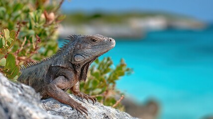 Obraz premium A close-up of a lizard on a rock next to water with a blue sky background