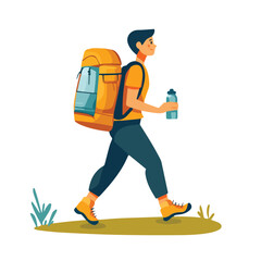 Young man hiker walking with backpack and water bottle flat vector illustration isolated on white background concept for tourism hiking camping and outdoor