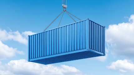 A shipping container being lifted by a crane hook against a bright blue sky with some scattered white clouds.