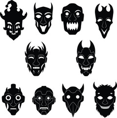 Traditional & Fantasy Masks Icon Set: Ancient, Tribal, Demon, and Sci-Fi Faces – Vector Illustrations for Cultural, Gaming, Halloween, and Mysterious Designs.