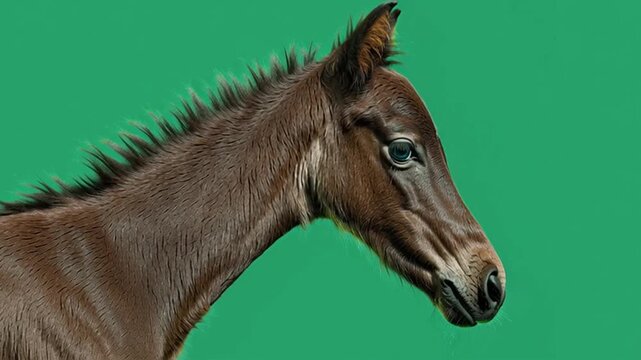 Close up of a brown foal's head against a solid green background looking at the viewer green screen animal video