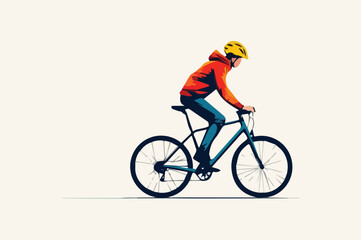 Naklejka premium Cyclist wearing helmet and orange jacket riding bicycle on white background vector illustration for sports active lifestyle transportation and healthy living