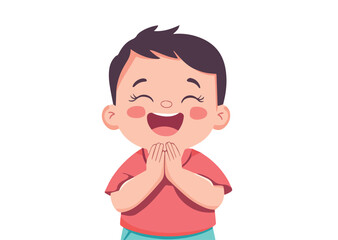 Obraz premium Cute Little Boy Laughing with Hands Clasped Vector Illustration Isolated on White Background Great for Childrens Books, Educational Materials, and Products