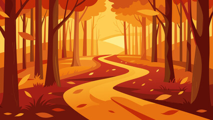 An autumn road winds through a colorful forest landscape, its yellow leaves and green trees bathed in the season's light