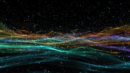 Abstract digital landscape of swirling, multicolored particles against a dark starry background