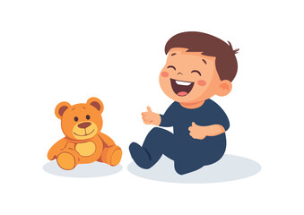 Happy Baby Boy Laughing with Teddy Bear Isolated on White Background Vector Illustration for Childrens Products, Clothing, and Accessories Designs