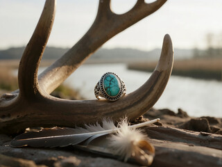 Obraz premium Turquoise Ring on Antler and Feather
