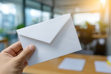 Hand holding a blank white envelope in an office