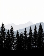 Fototapeta premium Silhouetted pine trees stand tall in the foreground with distant misty mountains creating a calm, layered nature scene in monochrome tones.