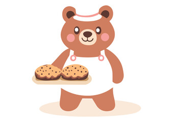 Cute Bear Baker Holding Tray of Chocolate Chip Cookies Vector Illustration Isolated on White Background Perfect for Bakery Logos, Children's Books, and Cafe