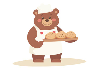 Cute Bear Baker Holding Tray of Freshly Baked Cookies Vector Illustration Ideal for Bakery Logos, Children's Books, Cafe Branding, and Food-Related Designs