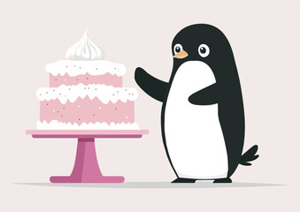 Cute penguin with a big festive cake vector illustration isolated on white background perfect for birthday greeting cards invitations posters prints and web