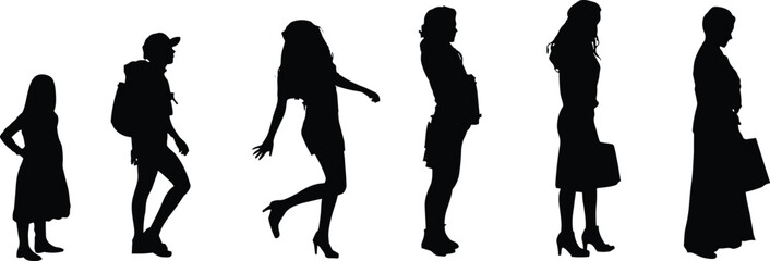 Silhouette of female life stages, girl to woman, growth evolution, age transition, walking standing pose, childhood to old age, vector black artwork