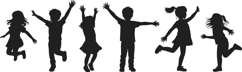 Silhouette of happy children jumping, kids playing outdoors, joyful movement, childhood fun, group of boys and girls dancing, active playful energy pose
