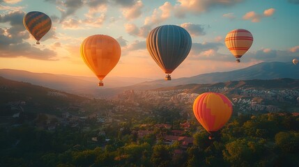 Obraz premium Vibrant hot air balloons floating over majestic mountains at a colorful festival in the sky