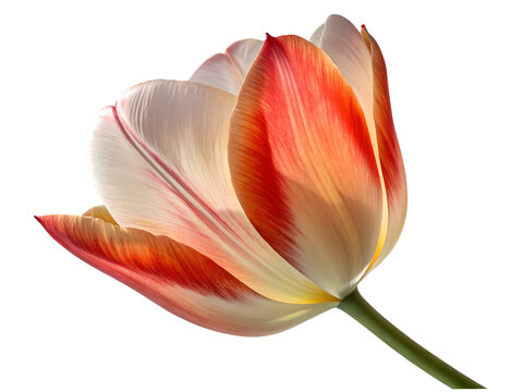 Close up photograph of a single bi-colored tulip with red and white petals isolated on a transparent background