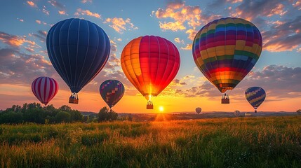 Obraz premium Colorful hot air balloons soaring at sunrise over a tranquil landscape