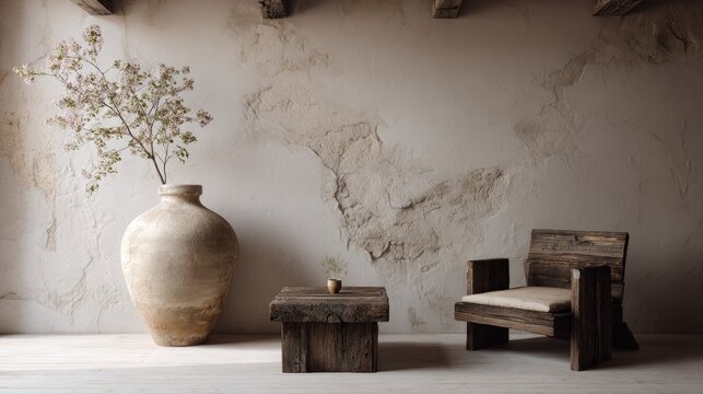 Rustic, minimalist room with vase, chair, and table