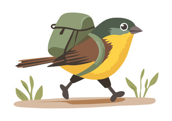 Cute yellow bird tourist with backpack walking on ground vector illustration isolated on white background travel concept design for print web design banner