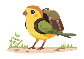 Cute Yellow Bird Traveler with Backpack Walking on Ground Vector Illustration Isolated on White Background Suitable for Greeting Card, Poster, Children Book,