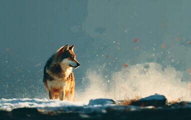 Majestic Wolf in Snowy Landscape with Soft Sunlight Reflection